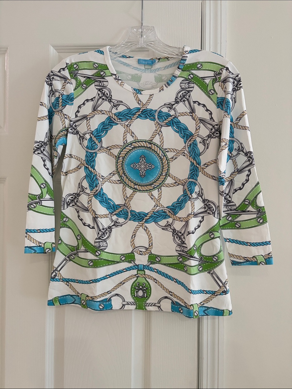 Women’s Long Sleeve Chain & Rope Print Top in White, Turquoise & Green J Mc